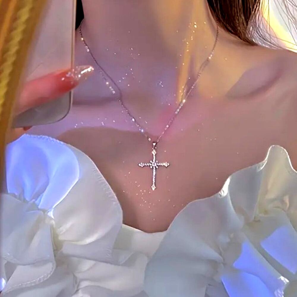 925 Serling Silver Necklace w/ CZ Cross & Star Woman's Valentine's Birthday Gift